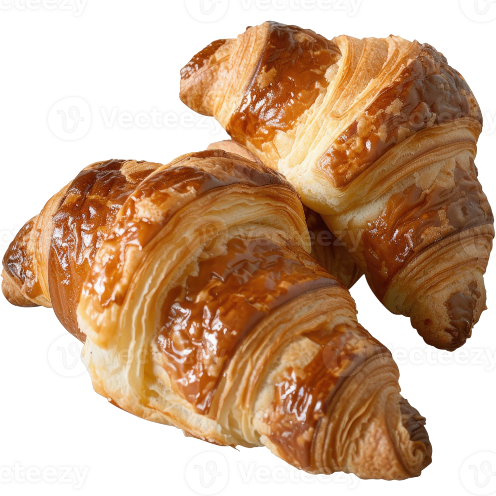 Freshly Baked Golden Croissants with Flaky Layers and Glossy Finish on a White Background png