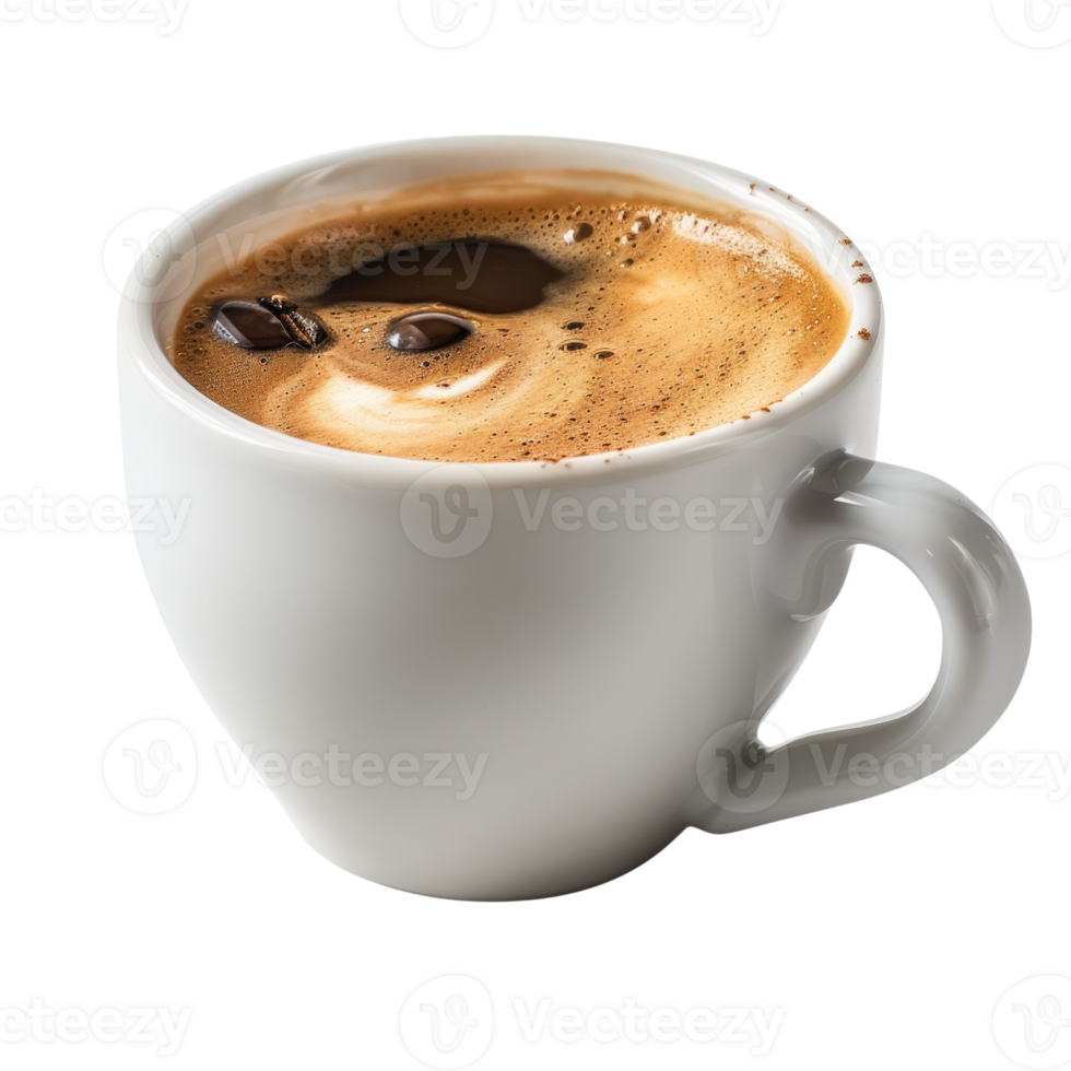 Fresh Brewed Coffee in a White Cup with Rich Creamy Foam and Coffee Beans on Top png