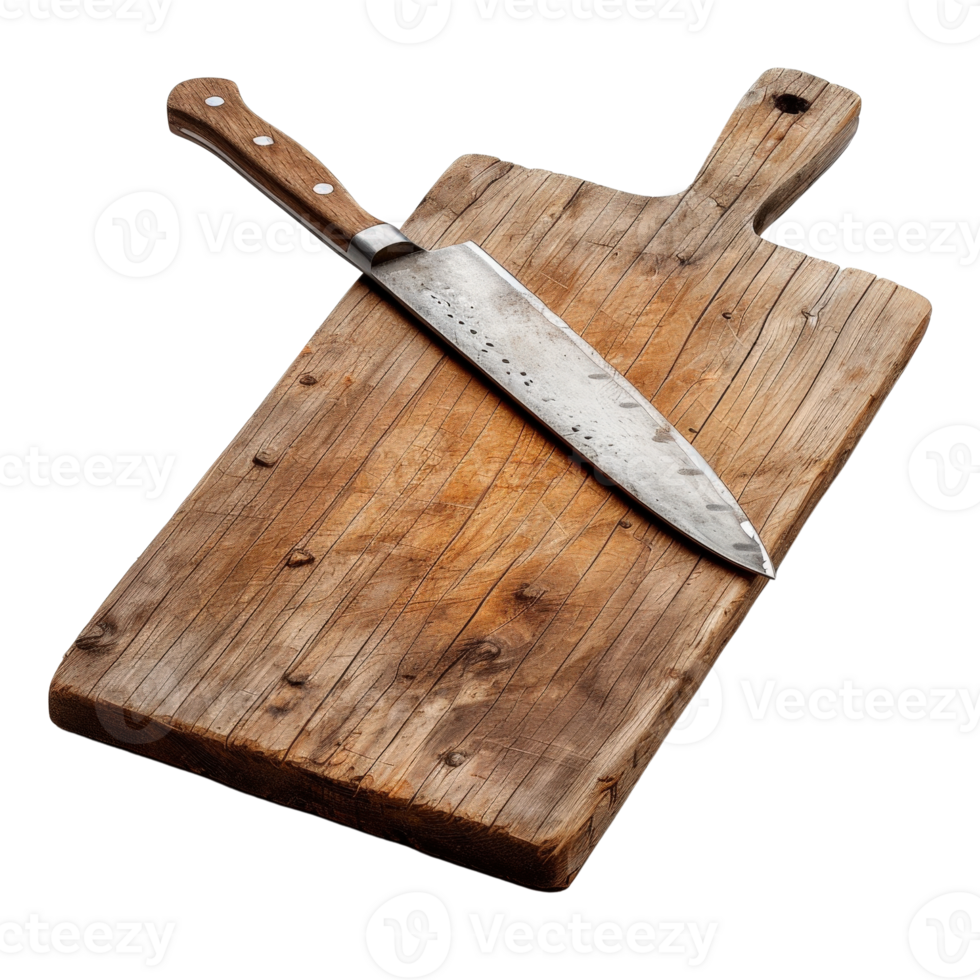 High-Quality Chef Knife on Rustic Wooden Cutting Board with Unique Texture and Grain png