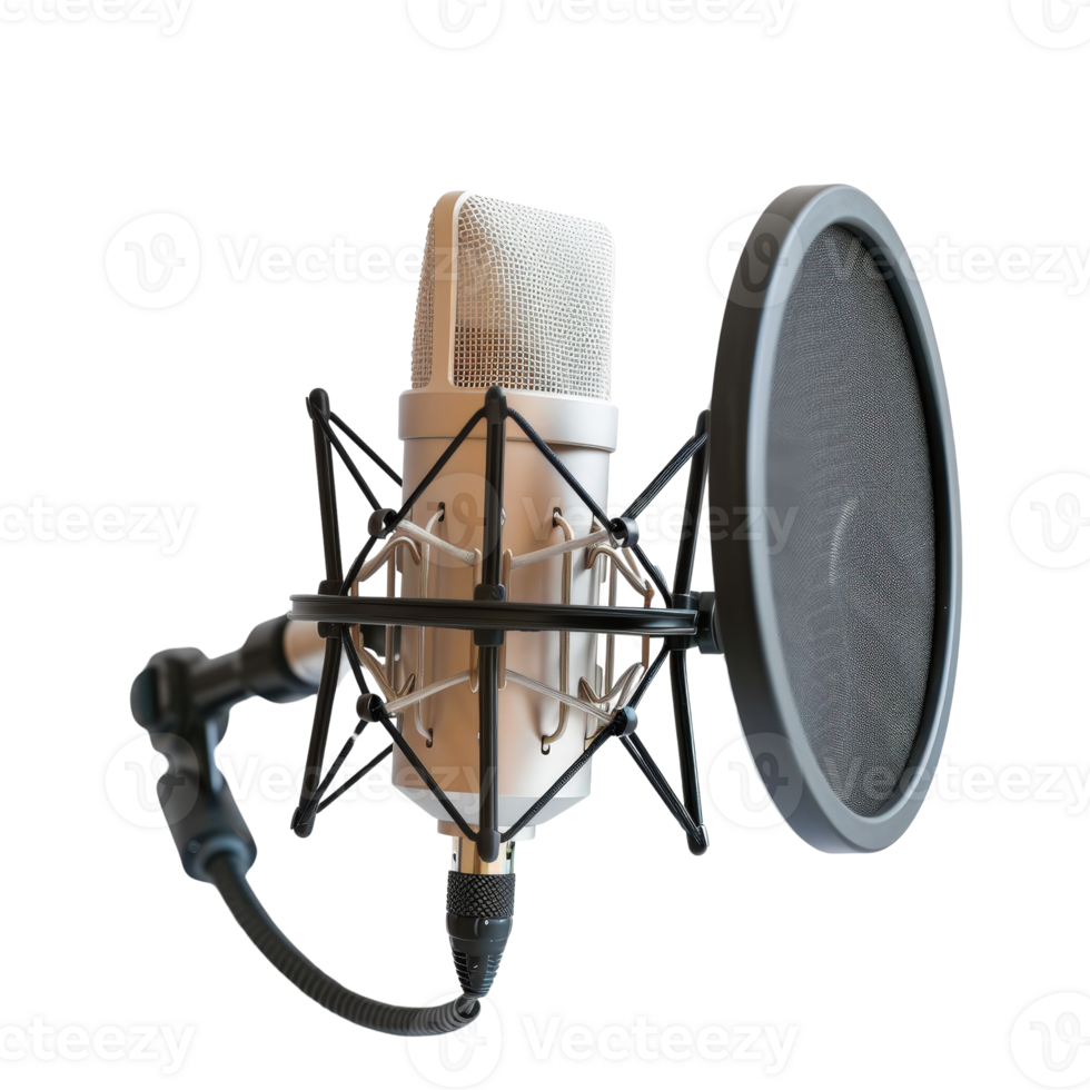Professional microphone with pop filter and shock mount in a studio setting for recording png