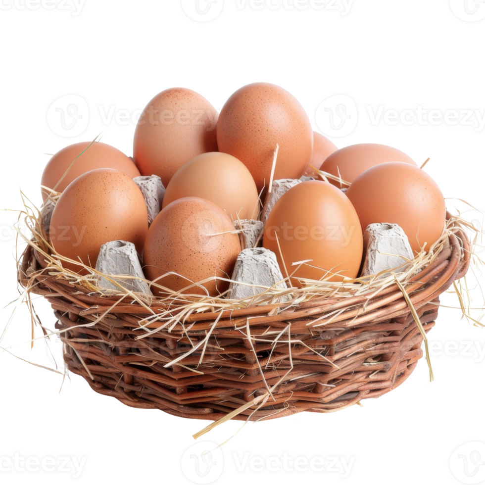 Fresh Brown Eggs in Rustic Basket Surrounded by Straw and Egg Cartons on White Background png