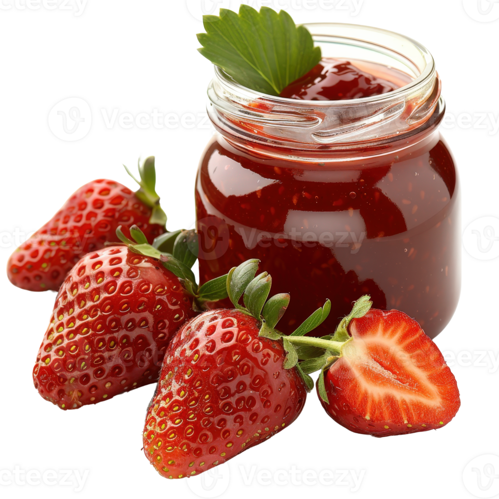 Fresh Strawberries and Jar of Homemade Strawberry Jam with Green Leaf on a White Background png