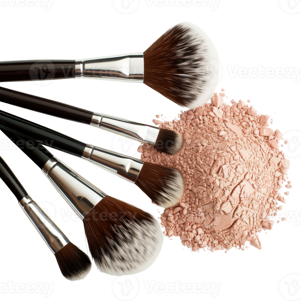 Professional Makeup Brushes with Loose Powder on White Background for Beauty and Skincare Themes png