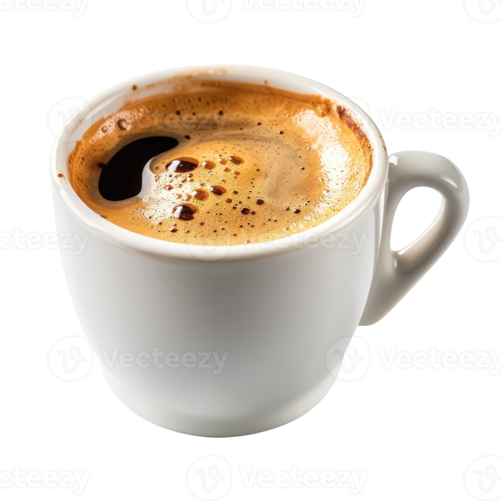 Freshly Brewed Coffee in White Ceramic Cup with Rich Foam and Aroma on Isolated Background png