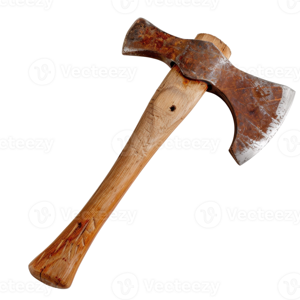 Rustic Wooden Axe on White Background with Worn Blade and Handle Detail png