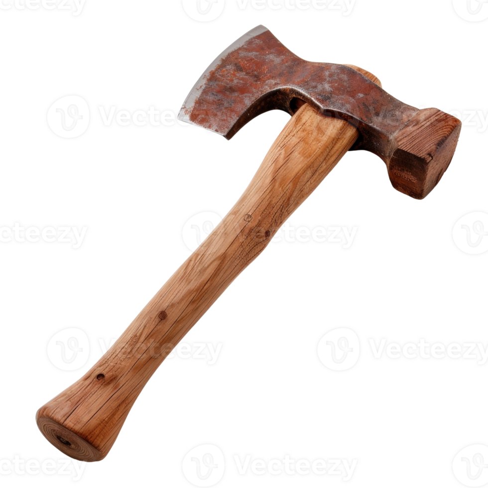 Rustic axe with wooden handle showcasing weathered metal blade and grainy texture png
