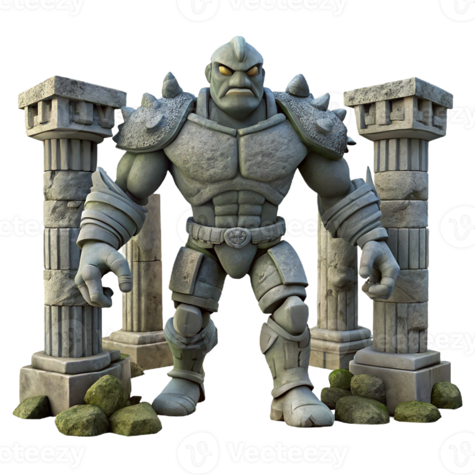 impressive creative A stoic golem, made of ancient stone, standing guard in a ruined temple. Art style Dark Fantasy professional png