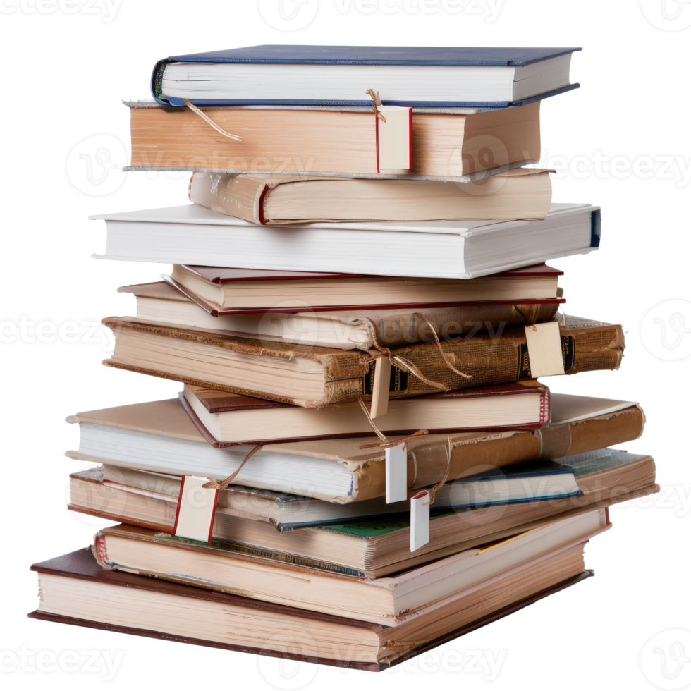 Stacked Vintage Books with Twine and Labels on a White Background for Cozy Reading Spaces png