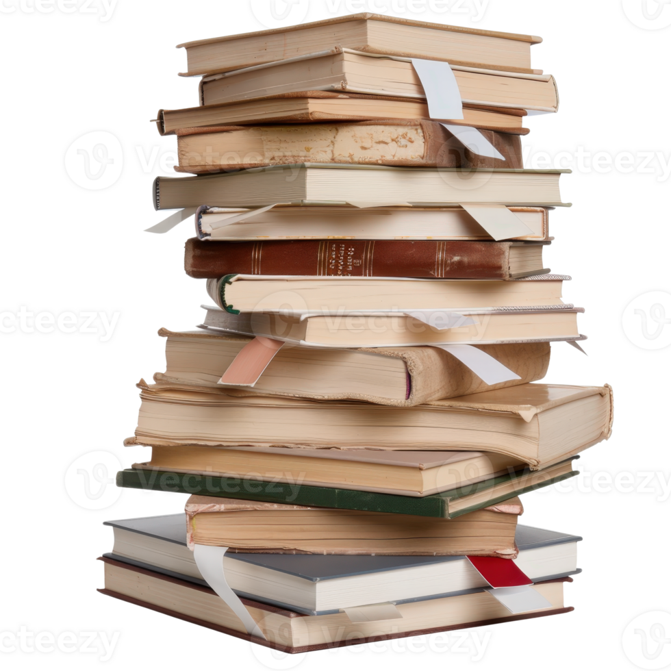 Stack of Various Vintage Books with Colorful Bookmarks Isolated Against White Background png