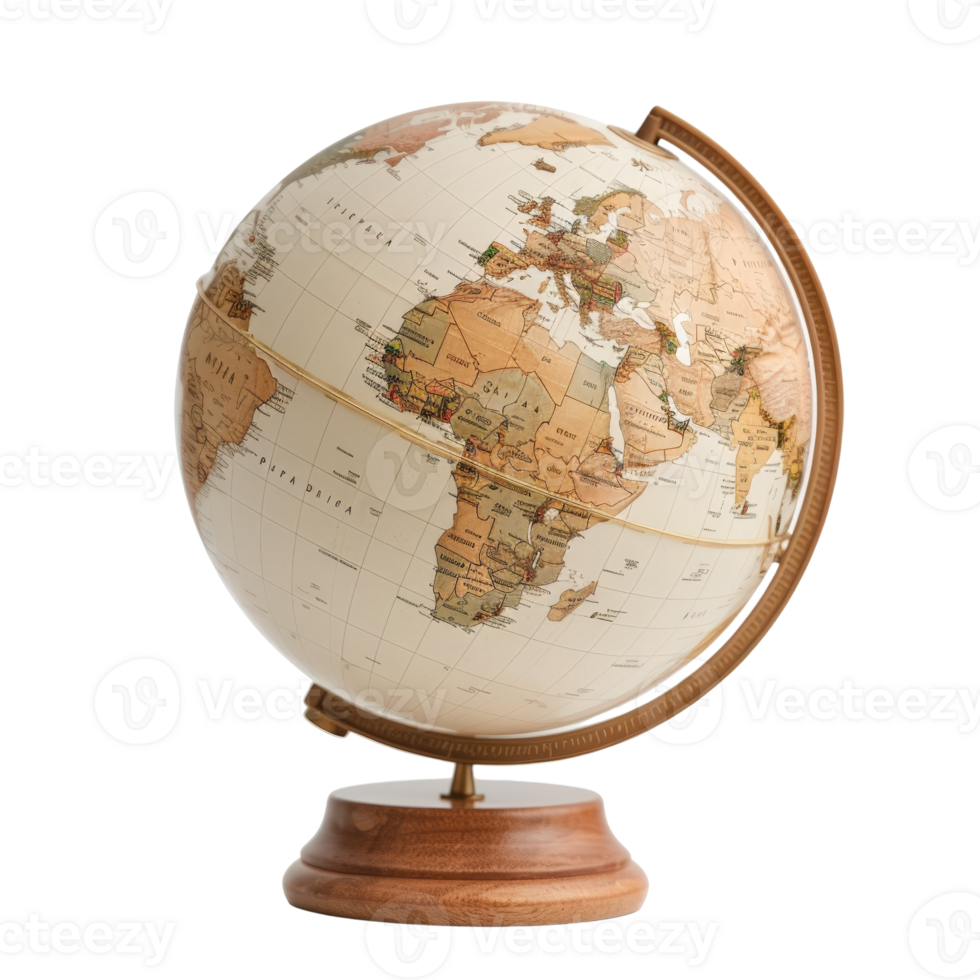 Vintage Globe on Stand Displaying Continents and Oceans with Detailed Cartography png