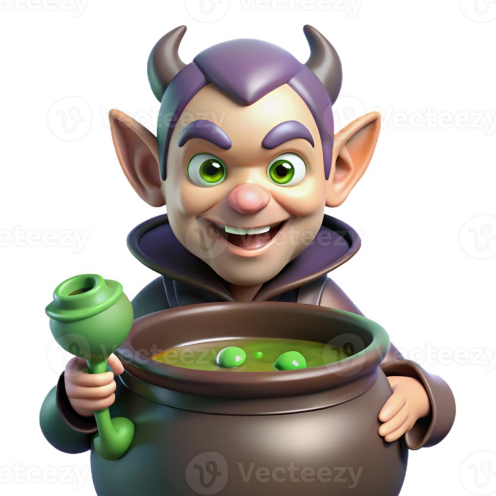 wonderful traditional A cunning imp, with pointed ears and a mischievous grin, stirring a cauldron of bubbling liquid. Art style Gothic premium png