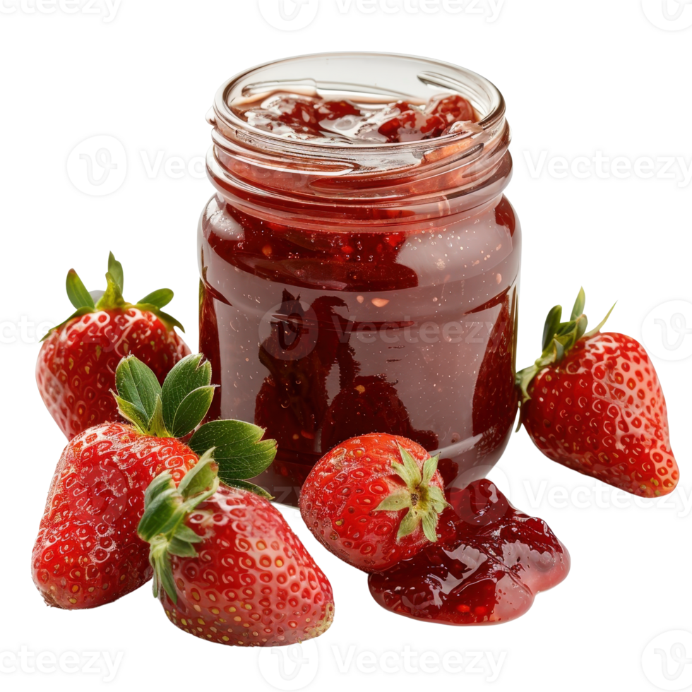 Fresh Strawberries and Homemade Jam in Glass Jar on White Background Ready for Delicious Spread png