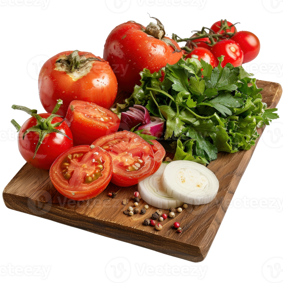 Fresh Vegetables on Wooden Cutting Board with Tomatoes, Greens, and Sliced Onions png