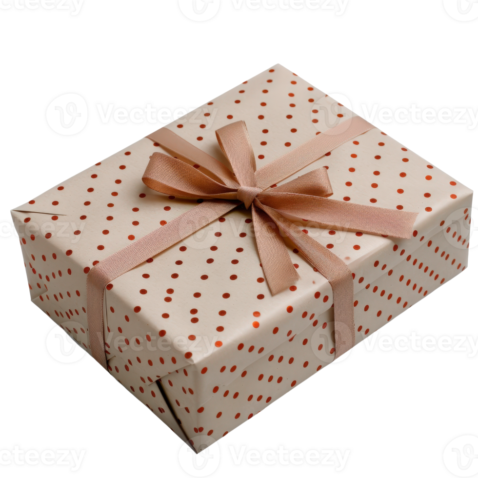Elegant Gift Box Wrapped in Cream Paper with Rose Gold Dots and Satin Ribbon Bow png