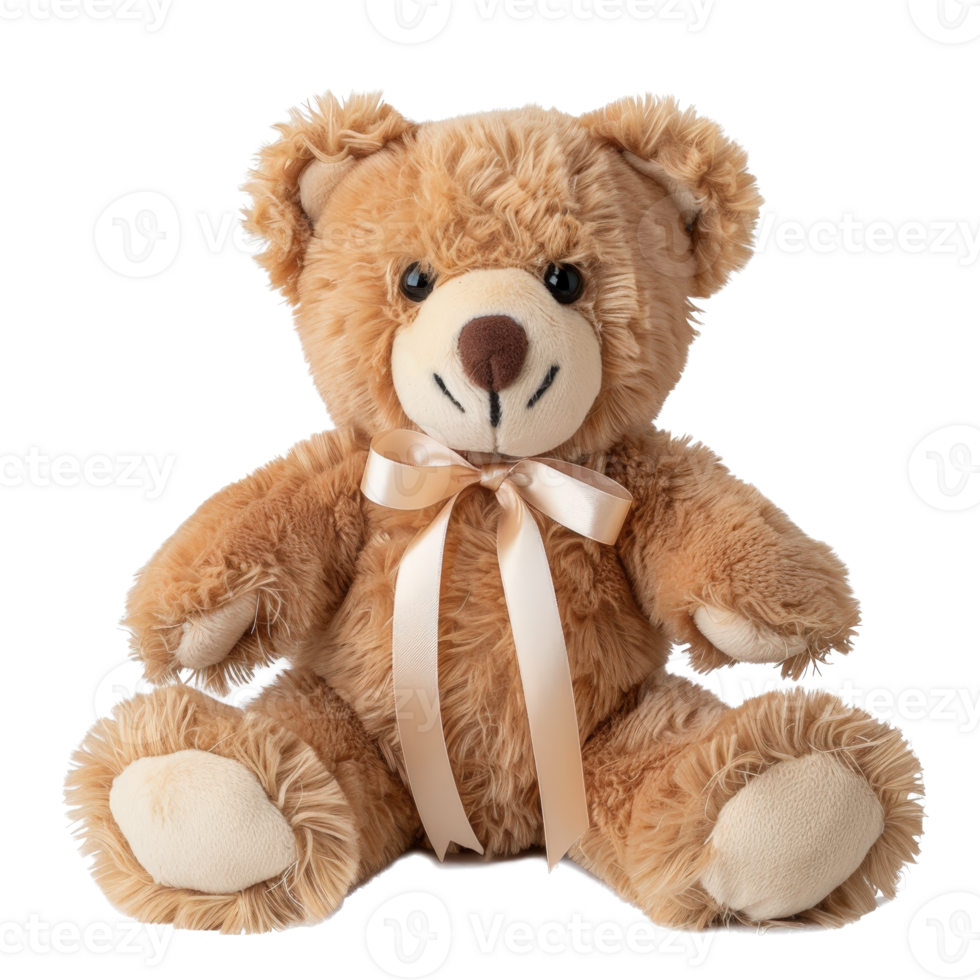 Adorable soft teddy bear with bow tied around neck, perfect for gifts and decoration png