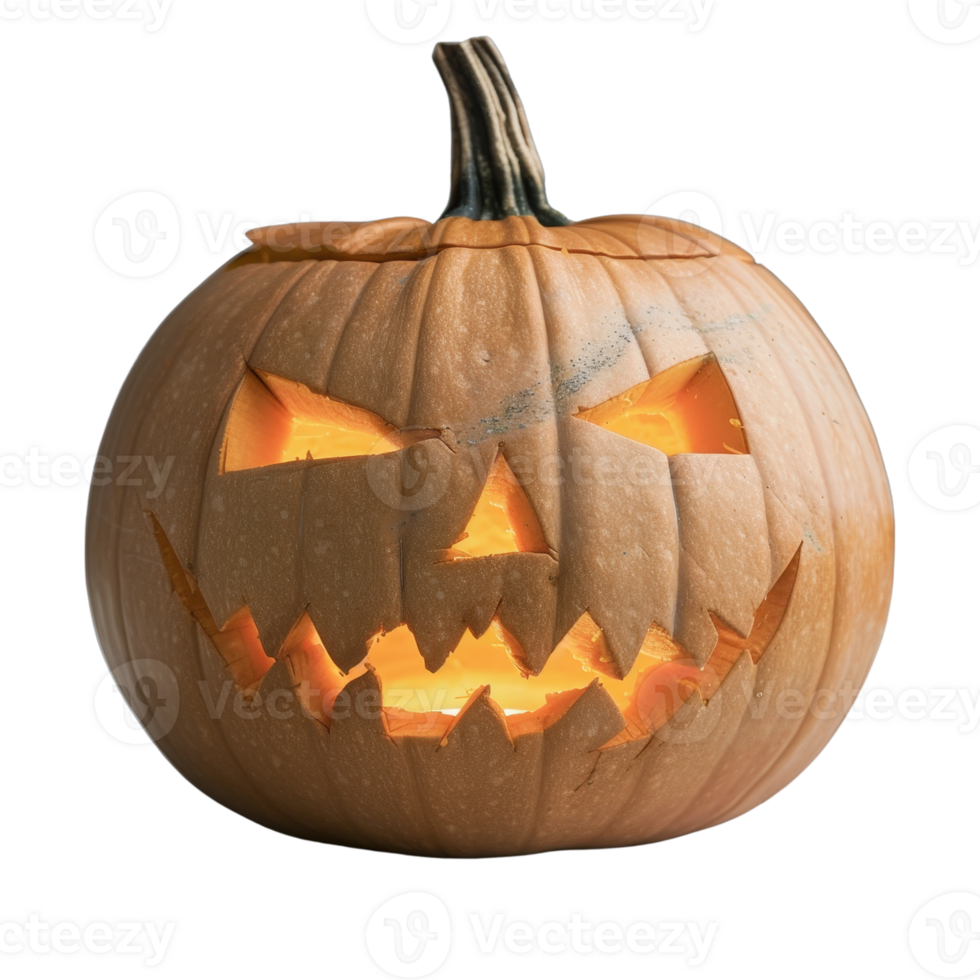 Spooky Halloween Pumpkin Lantern with Glaring Eyes and Sharp Teeth on White Background png
