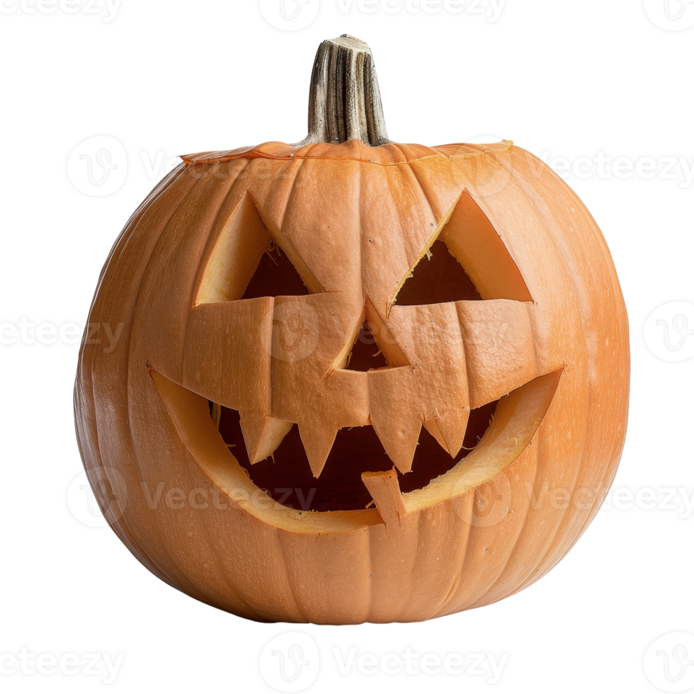 Classic Halloween Pumpkin Lantern with Intricate Carved Face in Bright Orange Color png