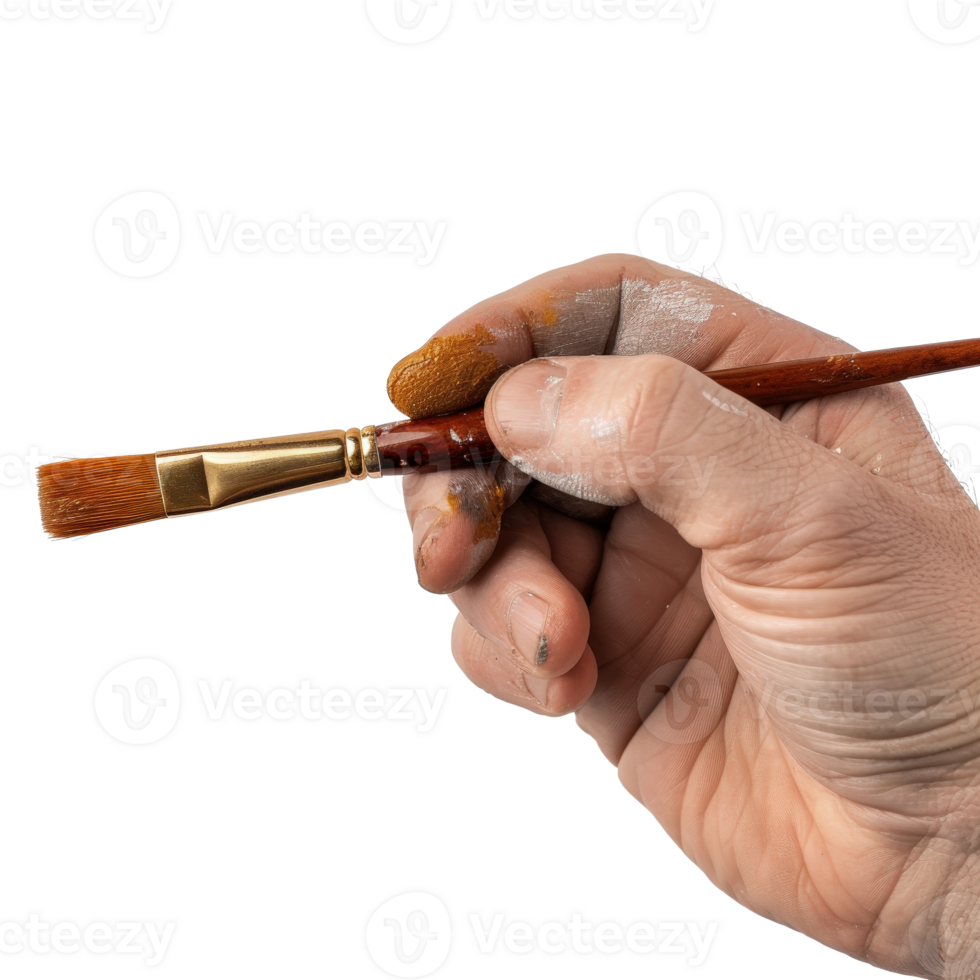Close-Up of Artist Hand Holding Paintbrush with Paint and Hand Smudges on Creative Background png