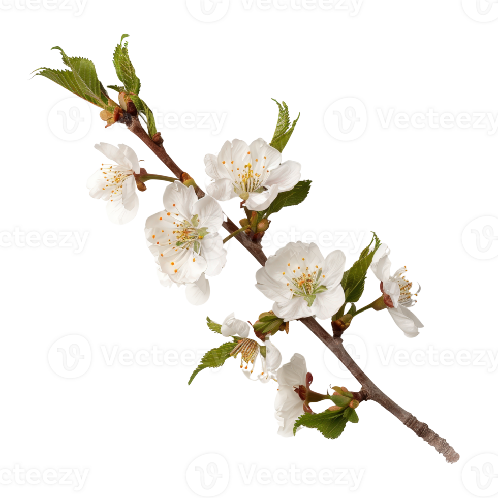 Delicate White Blossom Branch with Fresh Green Leaves Isolated on White Background png