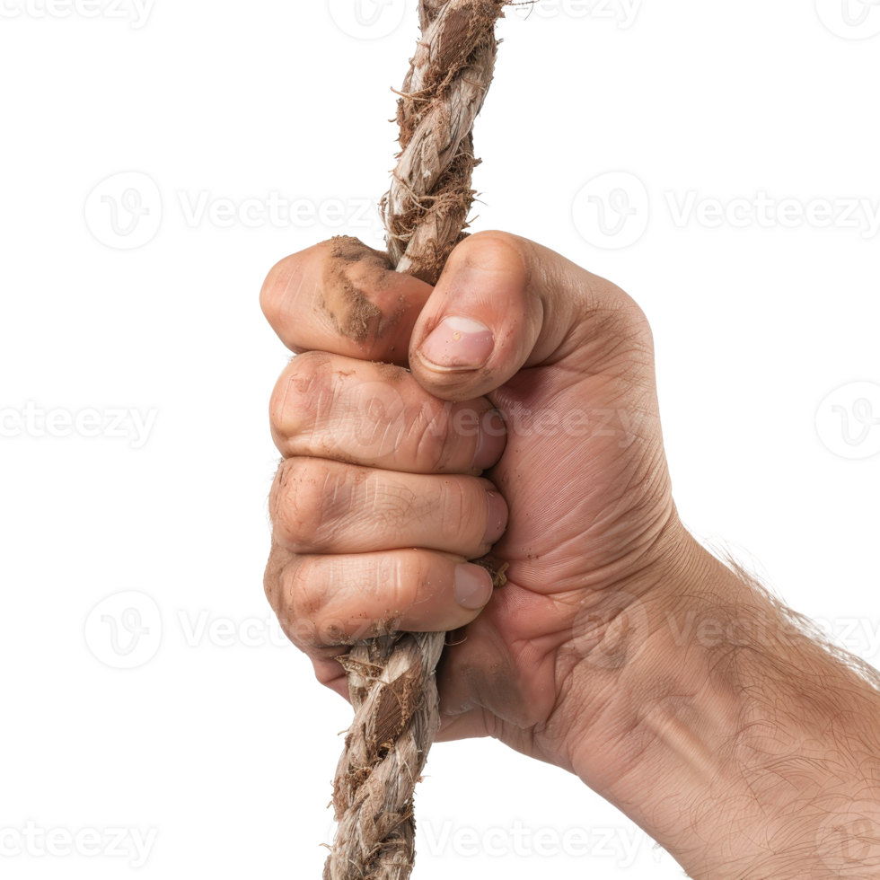Close-Up of a Hand Gripping a Thick Rope with Emphasis on Texture and Strength png
