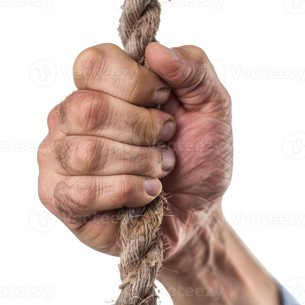 Close-Up of a Human Hand Gripping a Thick Rope with Intensity and Strength Displayed in Detail png