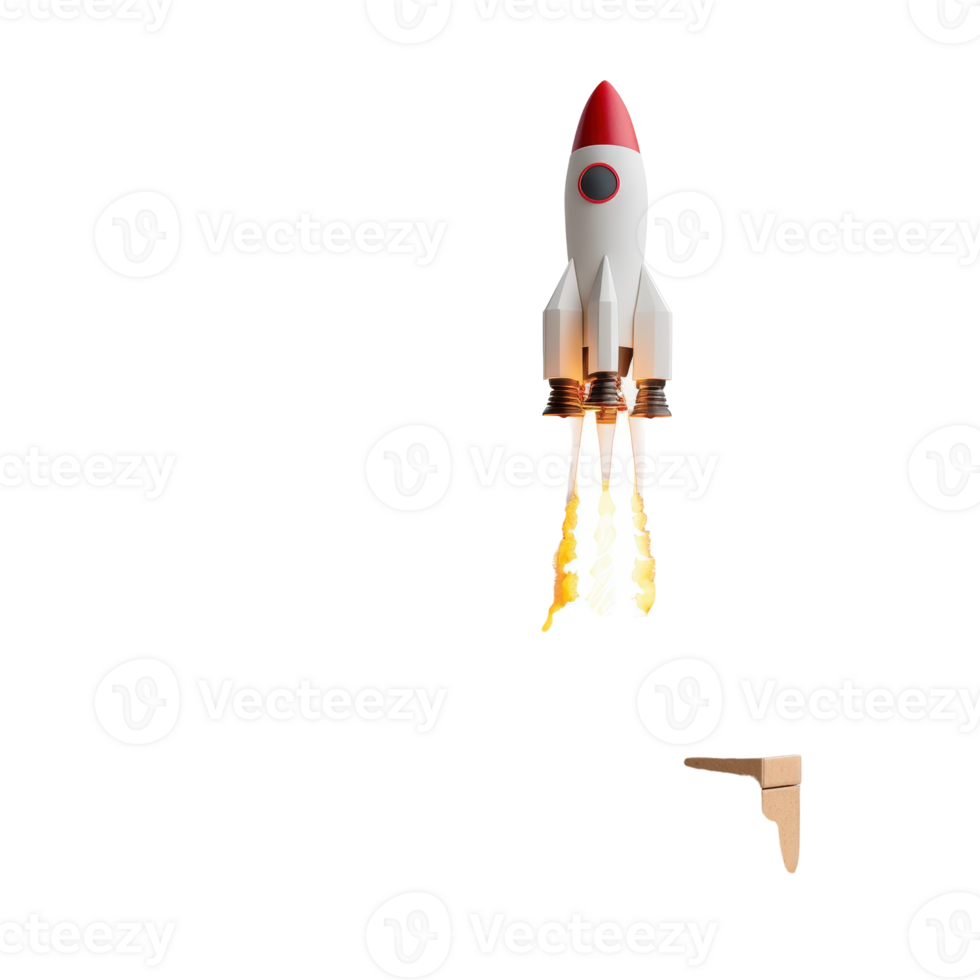 Retro Rocket with Flames Taking Off into Clear Sky, Symbolizing Adventure and Exploration png