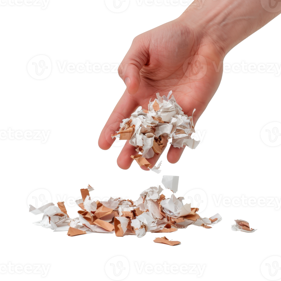 Hand Releasing Shredded Paper Waste in a Clean Studio Environment for Recycling Initiatives png