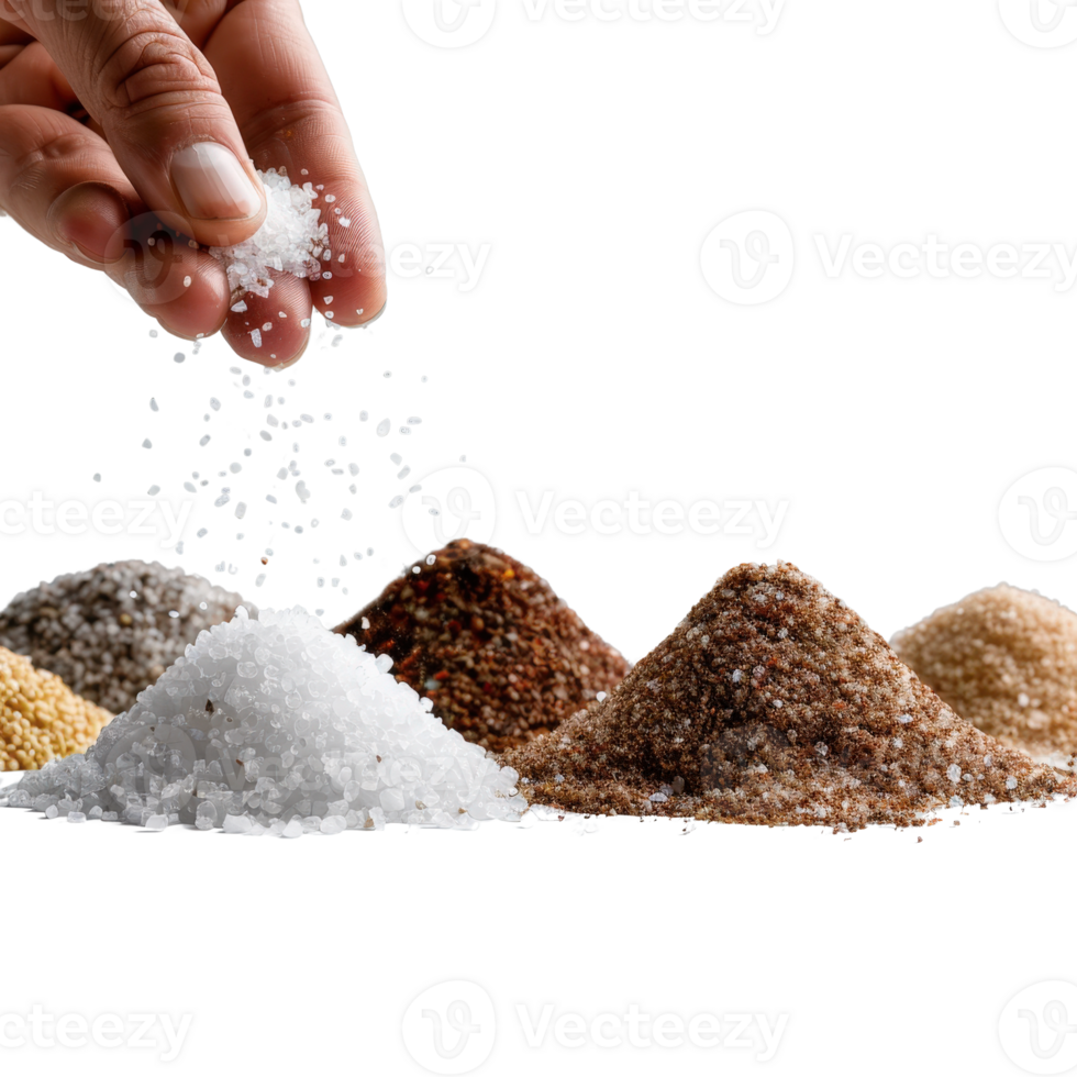 Hand Sprinkling Different Types of Salt and Sugar with Colorful Raw Ingredients on Table png