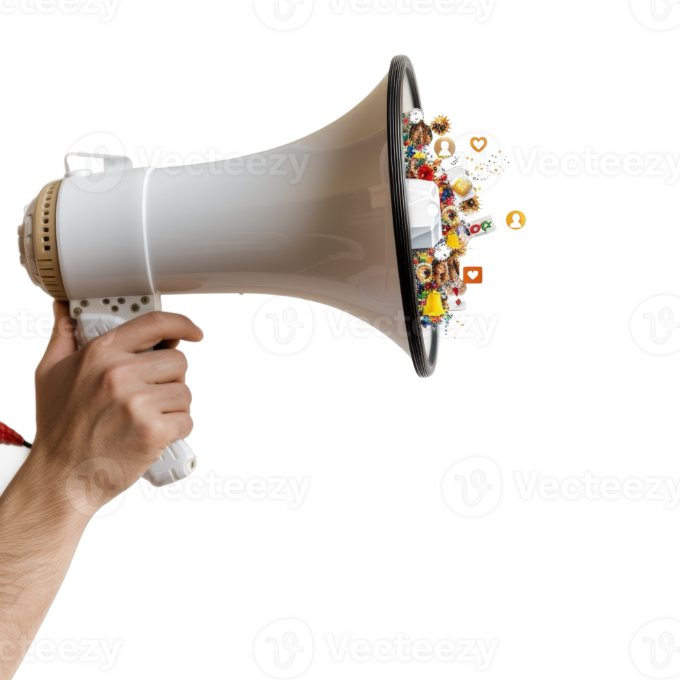 Person Holding Megaphone with Colorful Confetti and Celebratory Elements Emerging from It png