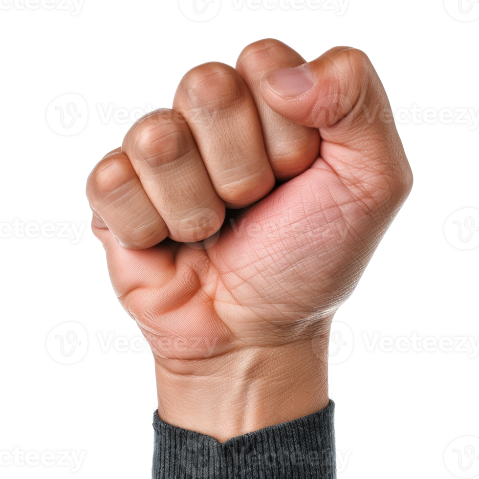 Strong Hand Making a Fist Against a White Background with Natural Skin Tone and Textures png