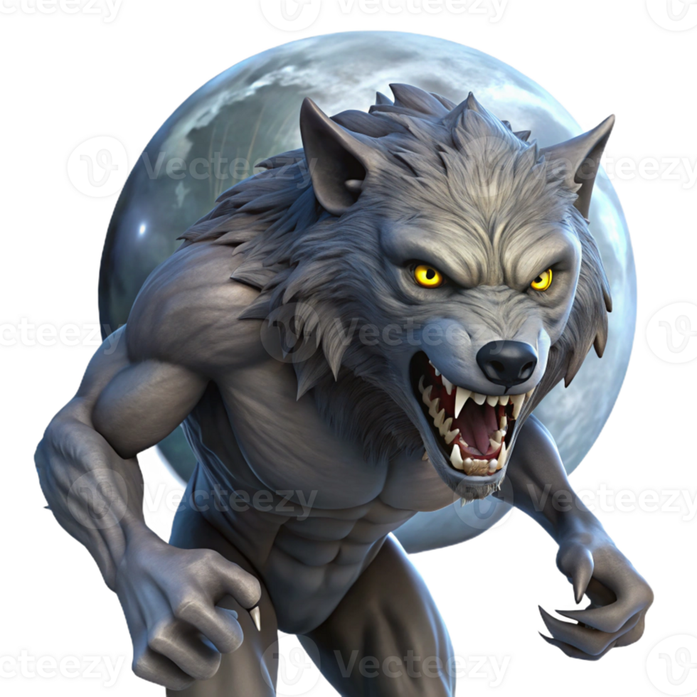 dramatic vintage A fierce werewolf, bathed in the silver light of the full moon. Art style Horror high resolution png