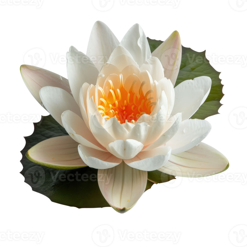 Serene White Lotus Blossom with Vibrant Yellow Center Surrounded by Green Leaves png