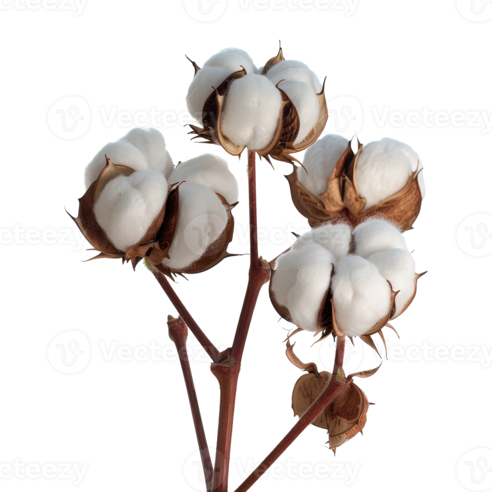 Fresh Cotton Bolls on a Stem Captured in Studio Lighting for Botanical Photography Collection png
