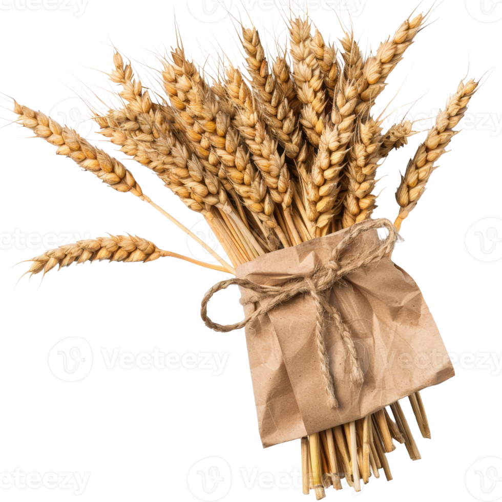 Handcrafted bouquet of golden wheat ears tied with a rustic jute ribbon and paper wrap png