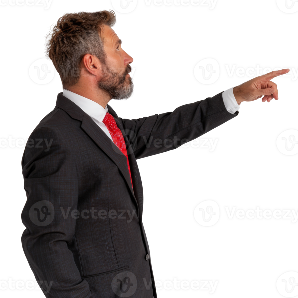 Businessman in Suit Pointing to the Side with a Focused Expression in a Studio Setting png