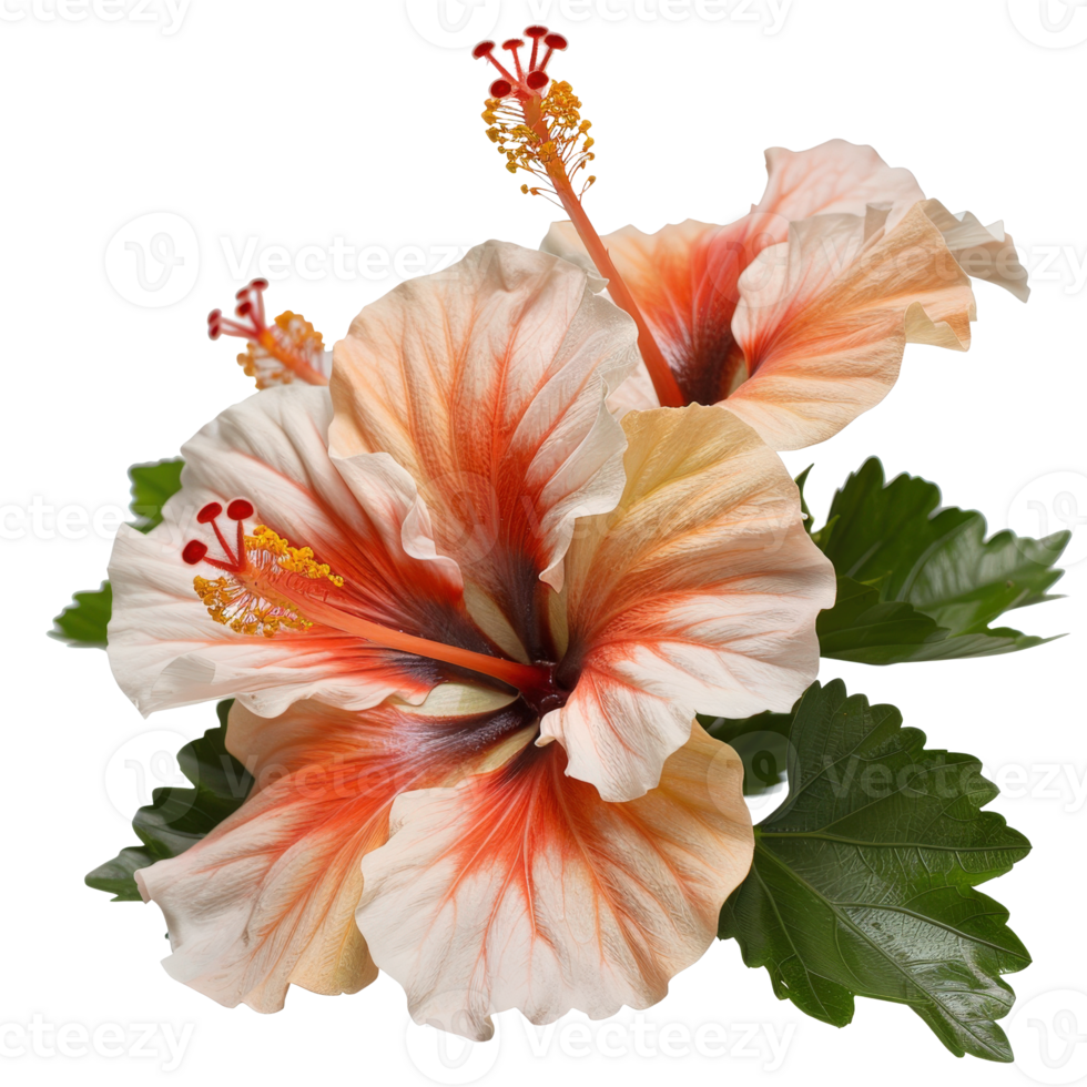 Vibrant Hibiscus Flowers Arrangement with Orange and White Petals Surrounded by Green Leaves png