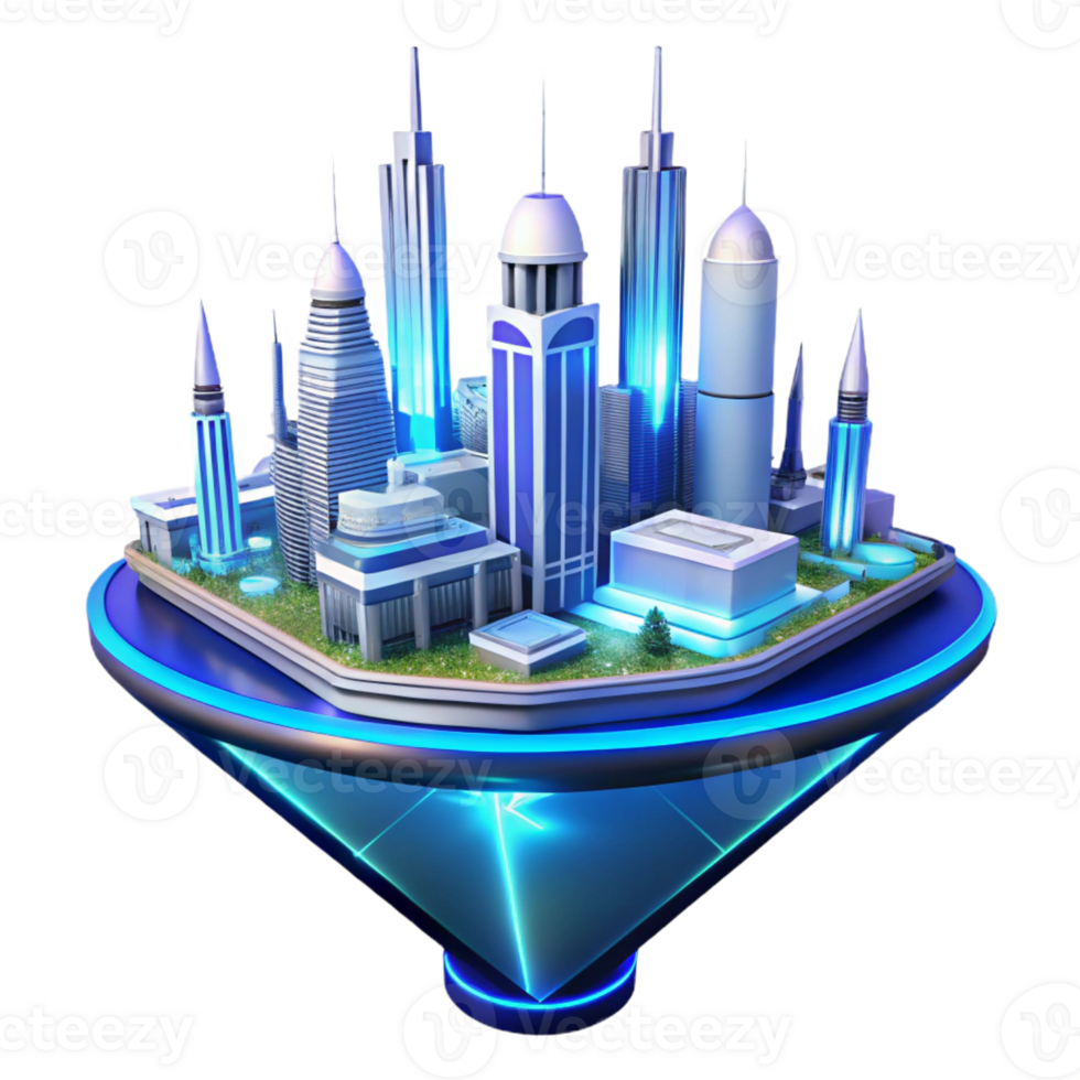 elegant contemporary A futuristic floating city, sleek white lines and glowing blue accents, lit by a neon sunrise, rendered in a cyberpunk style exclusive png