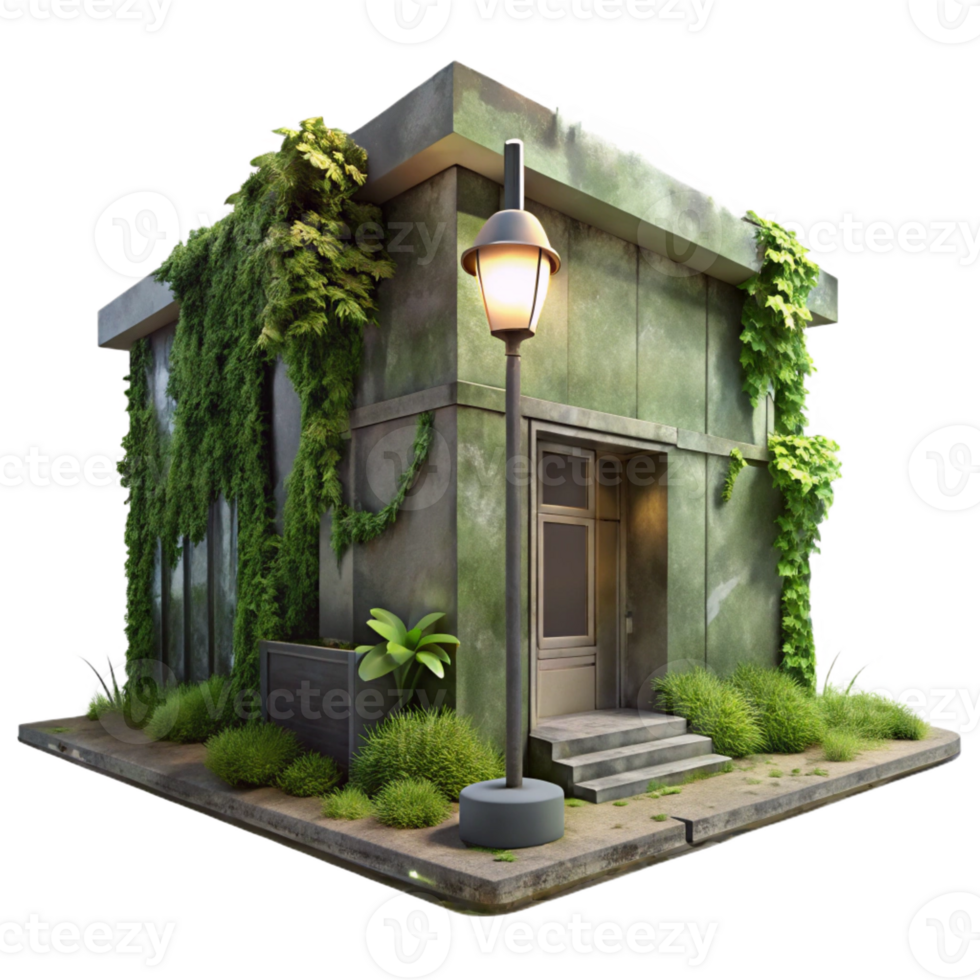 impressive minimalist A crumbling Brutalist concrete library, overgrown with ivy, illuminated by a single streetlight, cinematic lighting, rendered in a dystopian style original png