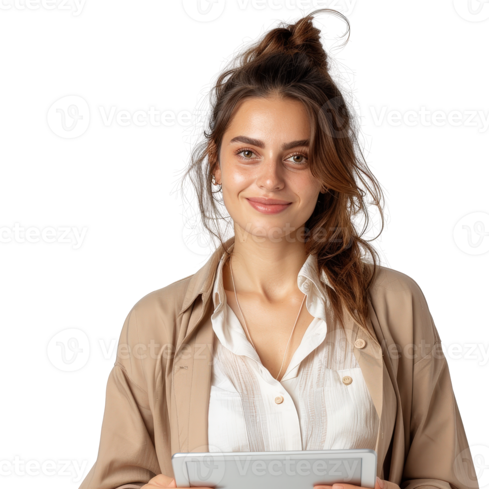 Young Woman Smiling with Tablet in Hands Wearing a Casual Outfit in Bright Indoor Setting png