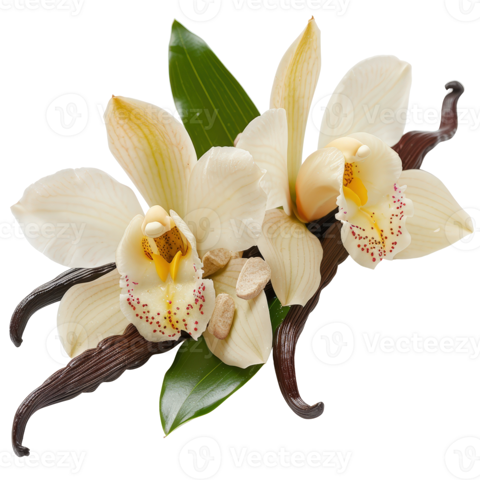 Fresh White Orchids with Vanilla Pods and Natural Stones on Leafy Background png
