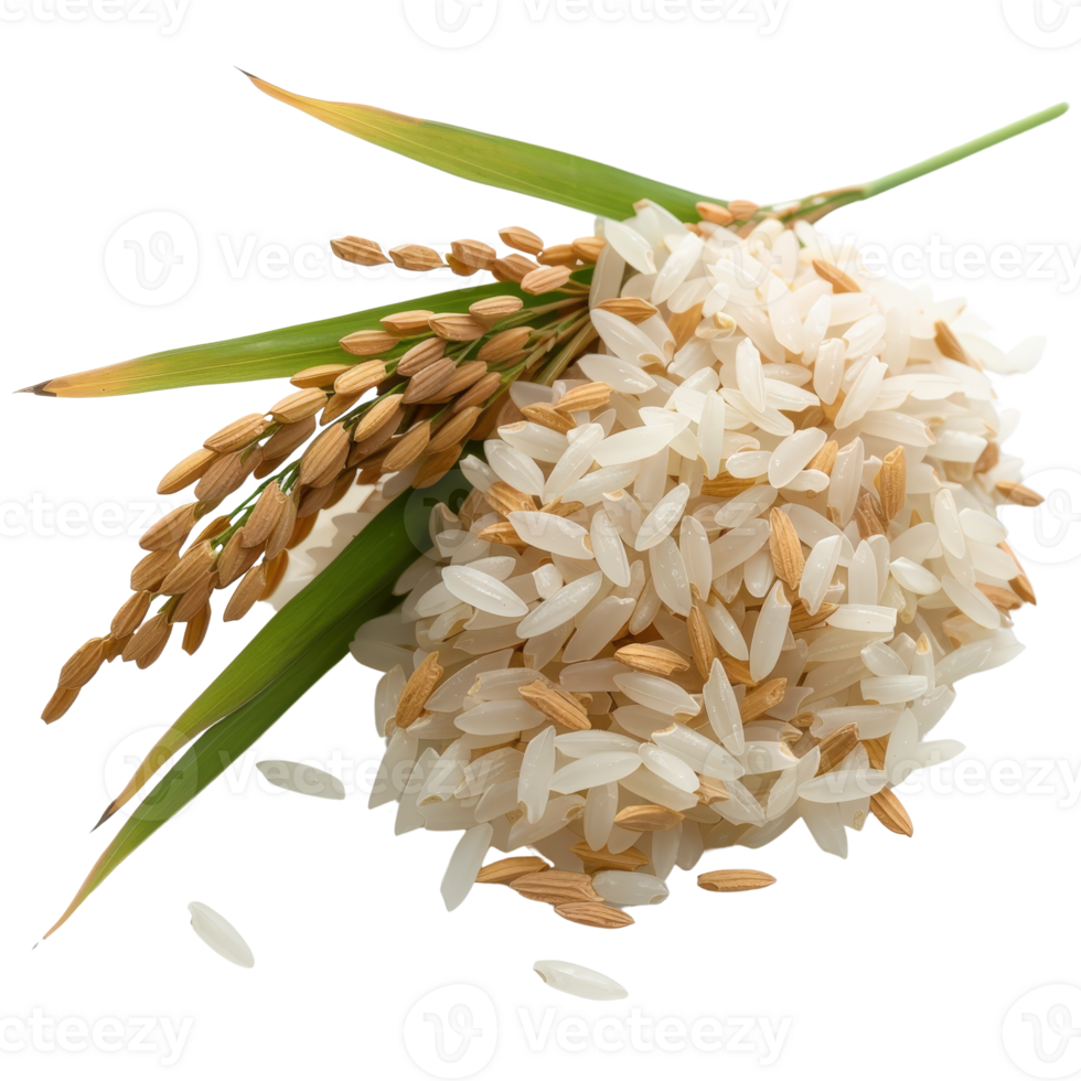 Fresh Rice Grain Pile with Green Paddy and Yellow Rice Ears on White Background png