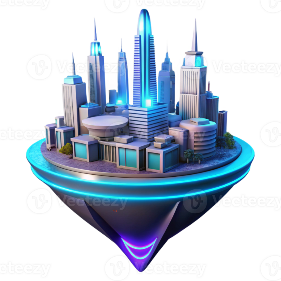 magnificent modern A futuristic floating city, sleek white lines and glowing blue accents, lit by a neon sunrise, rendered in a cyberpunk style professional png