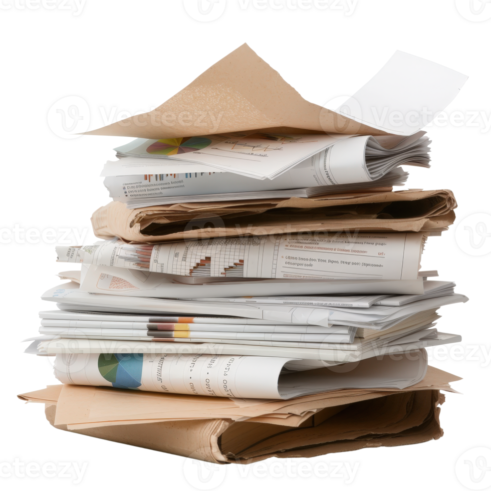 Pile of Documents and Papers with Various Charts and Reports on a White Background png