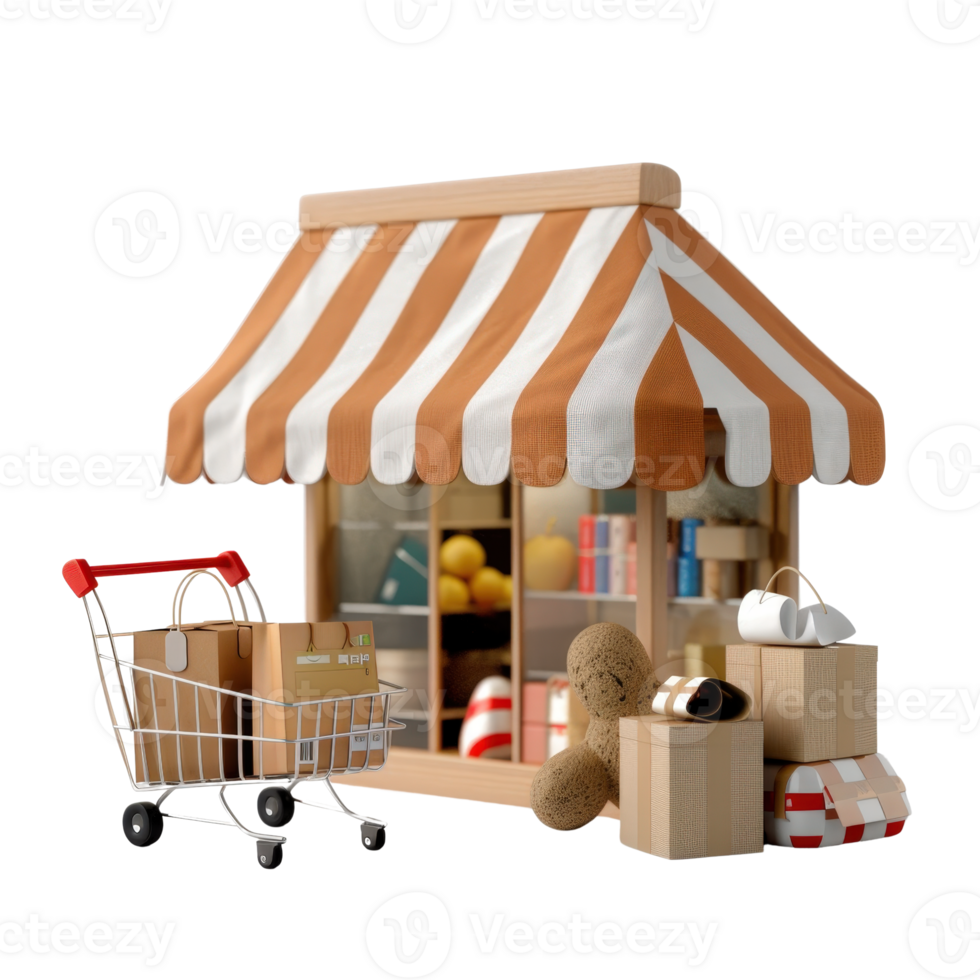 Charming miniature shopfront with striped awning and shopping cart filled with goods png