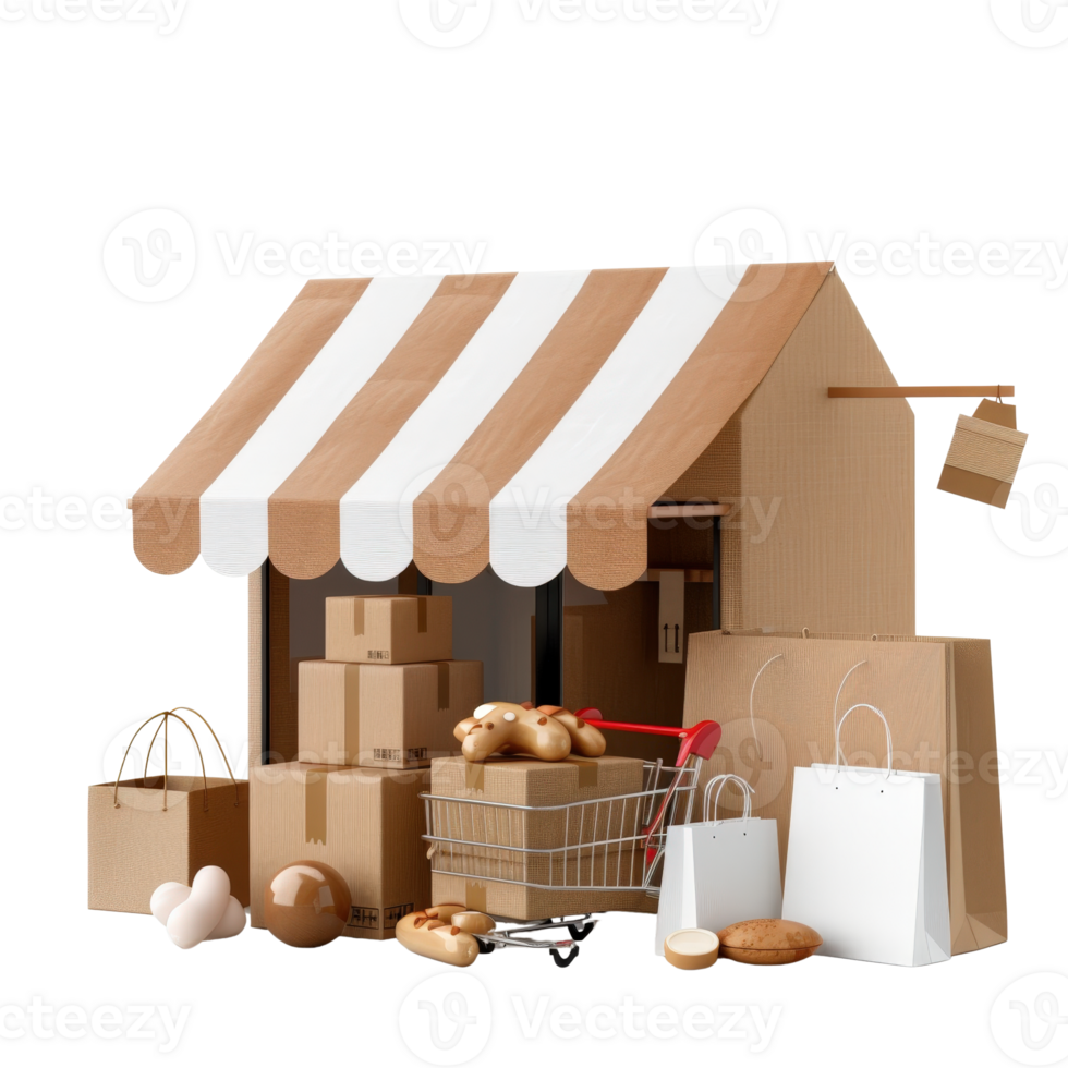 Small Grocery Store Stand with Boxes, Basket, Eggs, and Paper Bags on White Background png