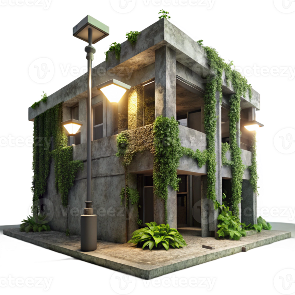 dramatic artistic A crumbling Brutalist concrete library, overgrown with ivy, illuminated by a single streetlight, cinematic lighting, rendered in a dystopian style exclusive png