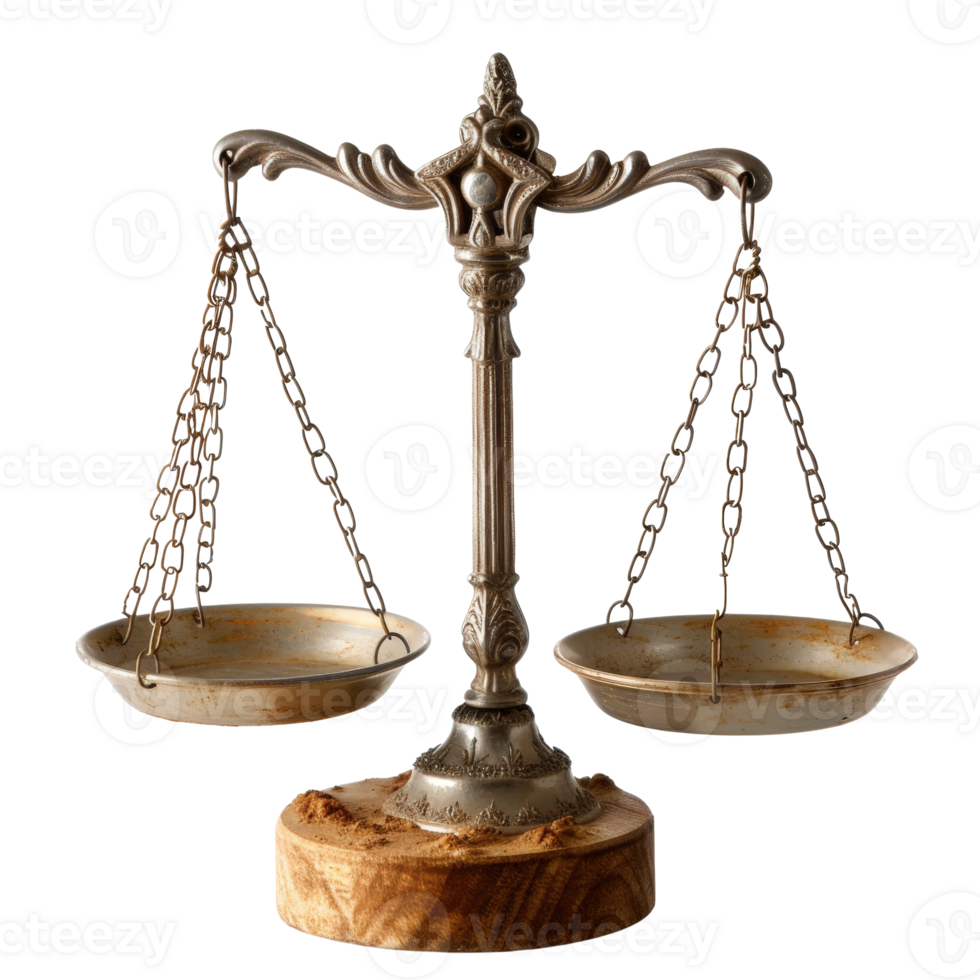 Vintage Balance Scale with Ornate Design on Wooden Base for Symbolizing Justice and Equality png