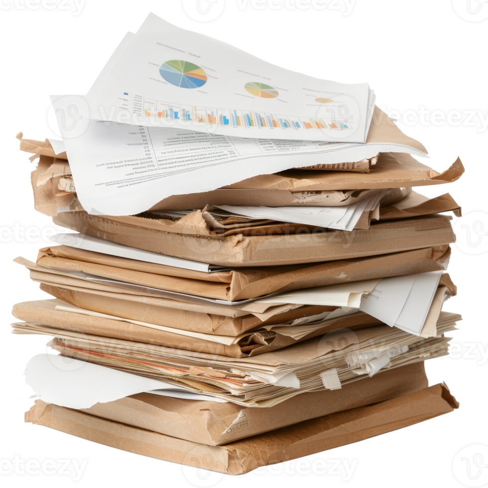 Stacked Piled Office Papers with Charts and Graphs in a Messy Workspace Environment png
