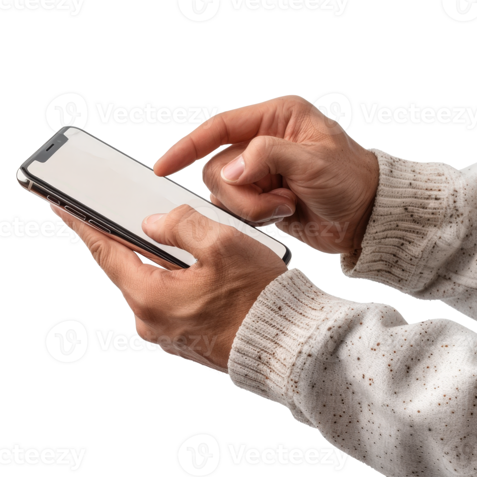 Close-Up of Hand Interacting with Smartphone Screen in Bright Indoor Setting for Modern Technology Use png