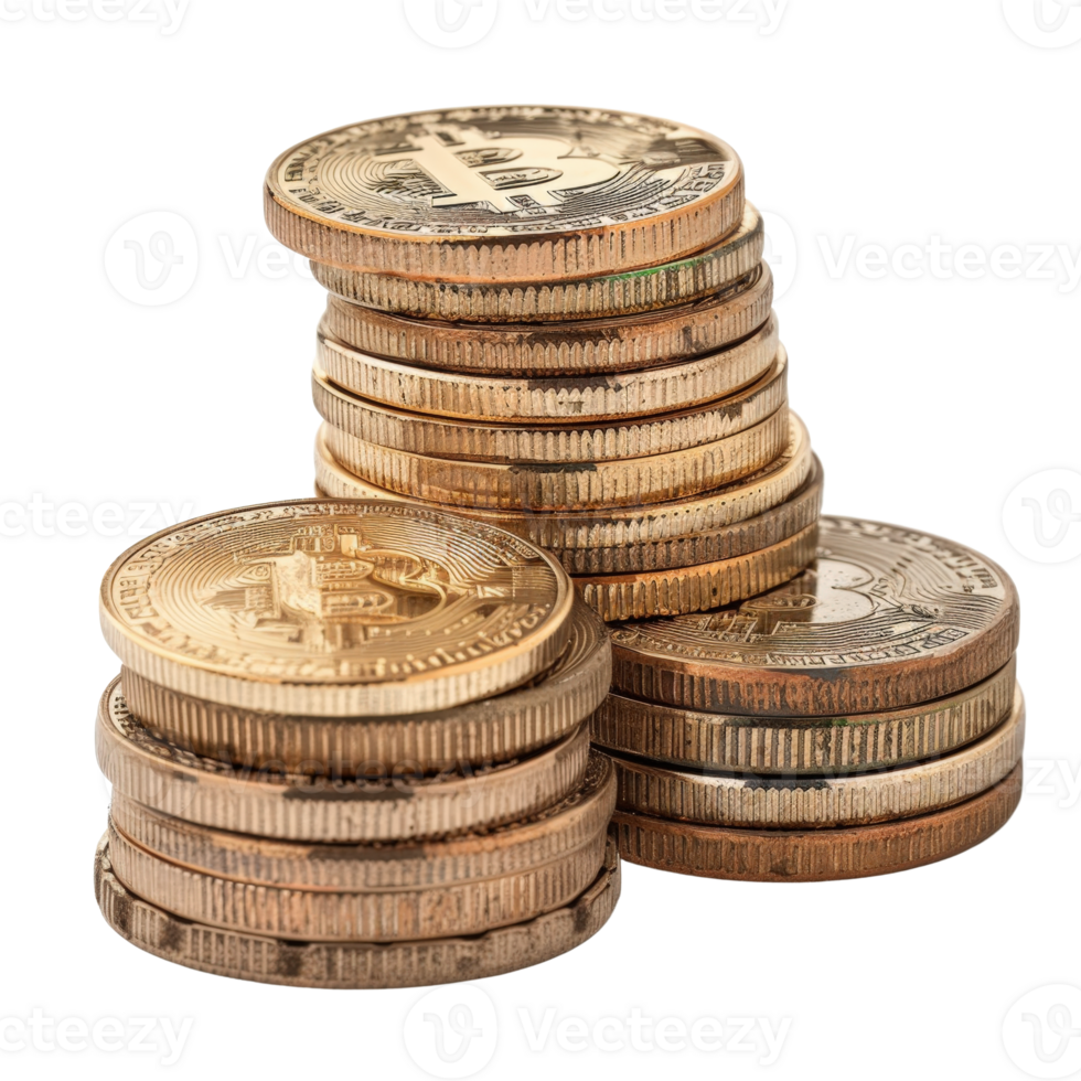 empilhado bitcoin moedas com variando desenhos e texturas focado em criptomoeda investimento png